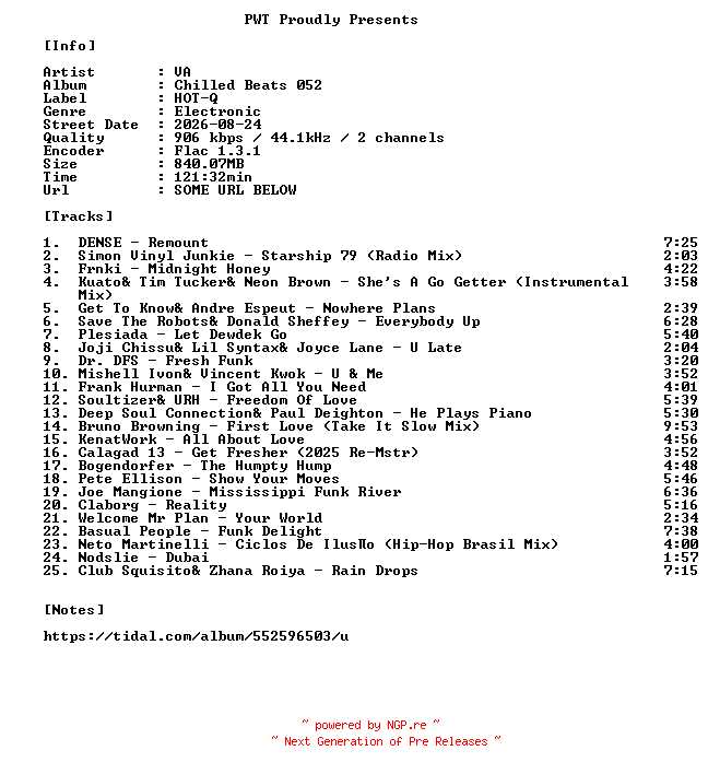 NFO for the release VA-Chilled_Beats_052-16BIT-WEB-FLAC-2026-PWT by PWT