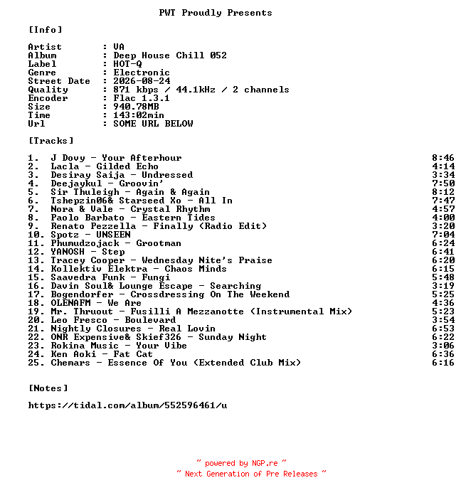 NFO for the release VA-Deep_House_Chill_052-16BIT-WEB-FLAC-2026-PWT by PWT
