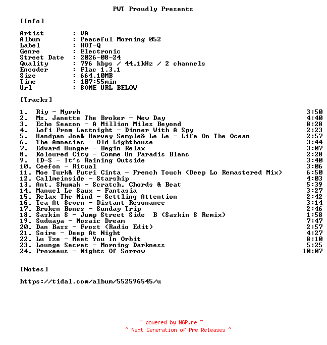 NFO for the release VA-Peaceful_Morning_052-16BIT-WEB-FLAC-2026-PWT by PWT