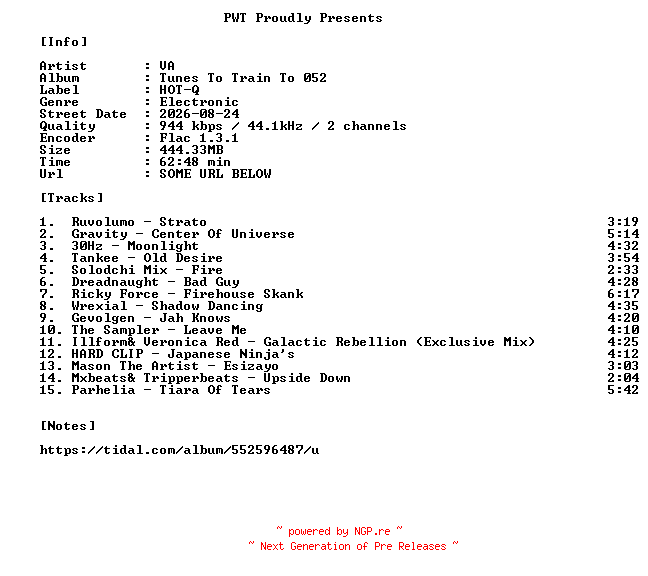 NFO for the release VA-Tunes_To_Train_To_052-16BIT-WEB-FLAC-2026-PWT by PWT