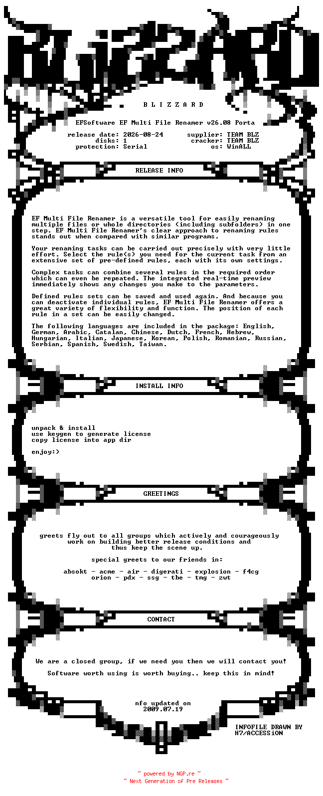 NFO for the release EFSoftware.EF.Multi.File.Renamer.v26.08.Portable.x64.MultiLanguage.WinALL.Incl.Keygen-BLiZZARD by BLiZZARD