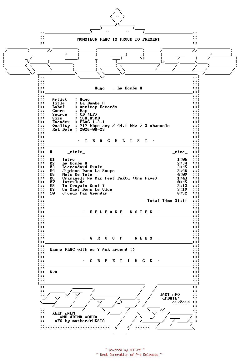 NFO for the release Hugo-La_Bombe_H-FR-Reissue-CD-FLAC-2012-Mrflac by Mrflac