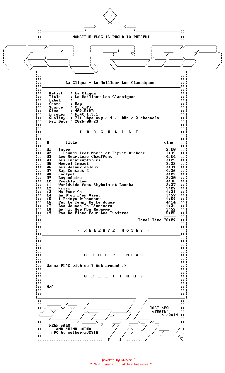 NFO for the release La_Cliqua-Le_Meilleur_Les_Classiques-FR-CD-FLAC-2007-Mrflac by Mrflac
