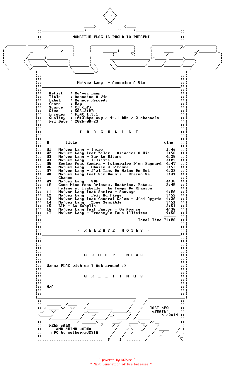 NFO for the release Movez_Lang-Associes_A_Vie-FR-CD-FLAC-2008-Mrflac by Mrflac