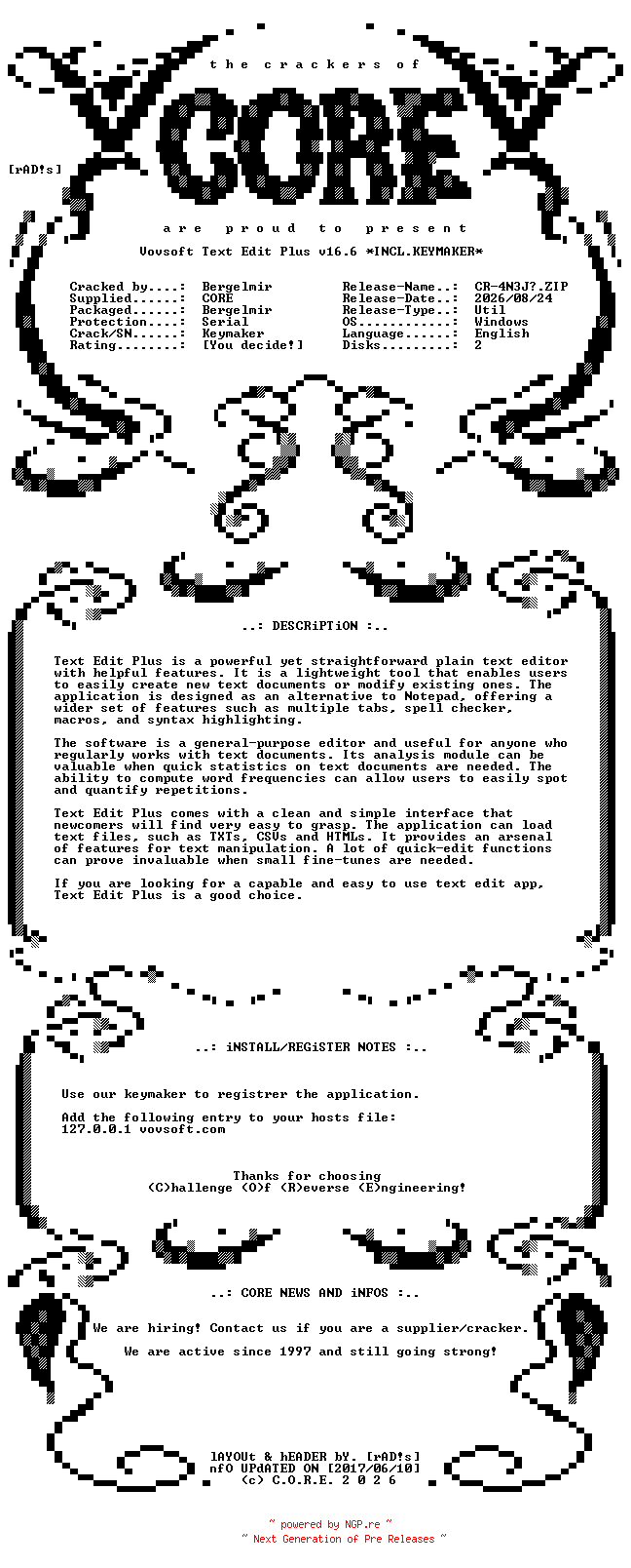 NFO for the release Vovsoft.Text.Edit.Plus.v16.6.Incl.Keymaker-CORE by CORE