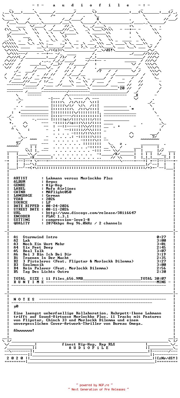 NFO for the release Lakmann_versus_Morlockko_Plus-Argus-DE-LP-FLAC-2026-AUDiOFiLE by AUDiOFiLE