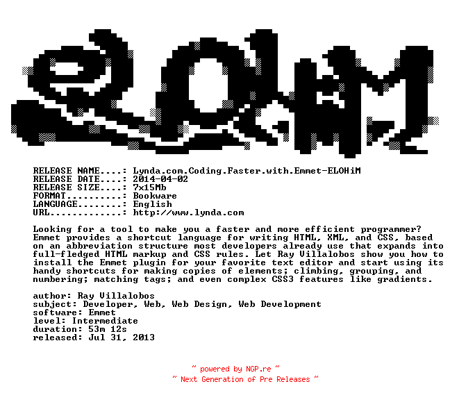 NFO for the release Lynda.com.Coding.Faster.with.Emmet-ELOHiM by ELOHiM