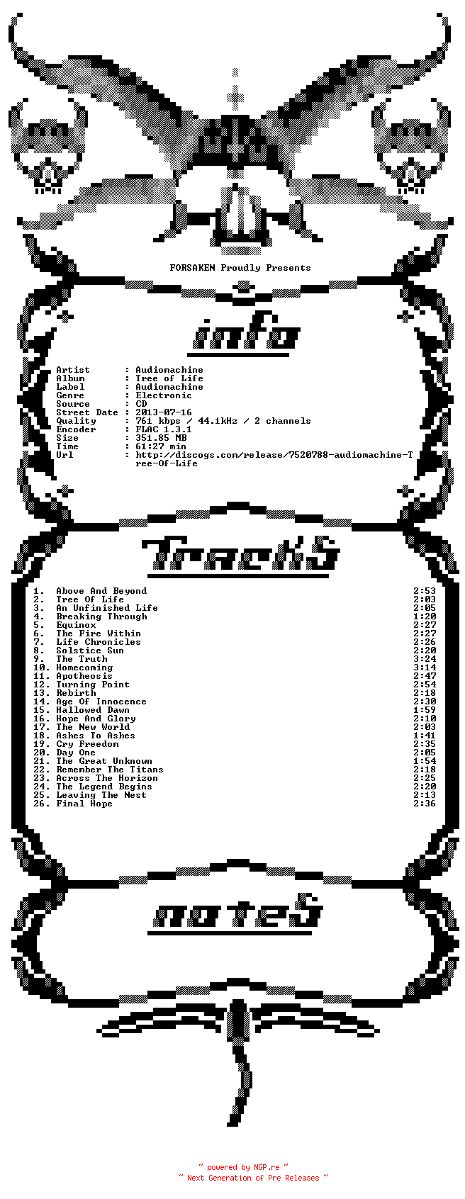NFO for the release Audiomachine-Tree_of_Life-CD-FLAC-2013-FORSAKEN by FORSAKEN