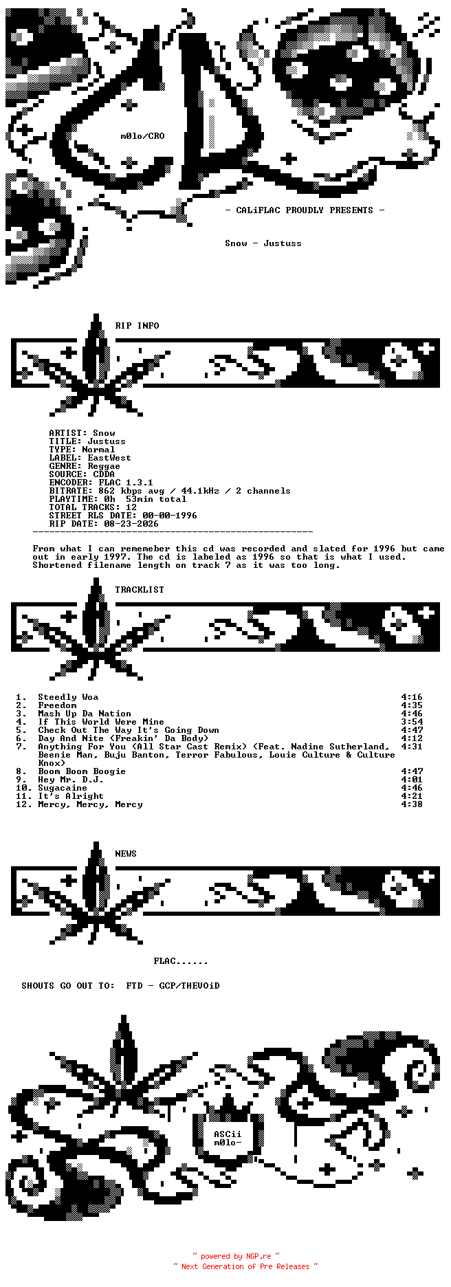 NFO for the release Snow-Justuss-CD-FLAC-1996-CALiFLAC by CALiFLAC