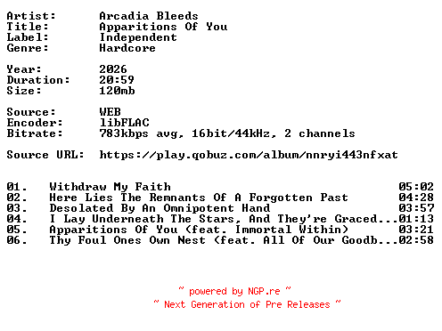 NFO for the release Arcadia_Bleeds-Apparitions_Of_You-16BIT-WEB-FLAC-2026-VEXED by VEXED