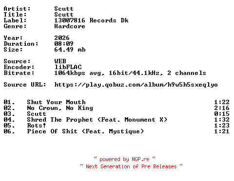 NFO for the release Scutt-Scutt-EP-16BIT-WEB-FLAC-2026-VEXED by VEXED
