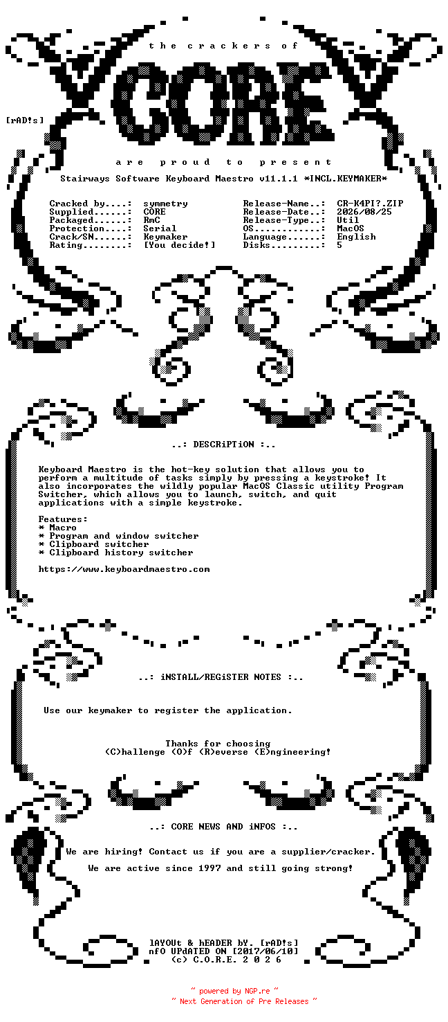 NFO for the release Stairways.Software.Keyboard.Maestro.v11.1.1.MacOS.UB.Incl.Keymaker-CORE by CORE