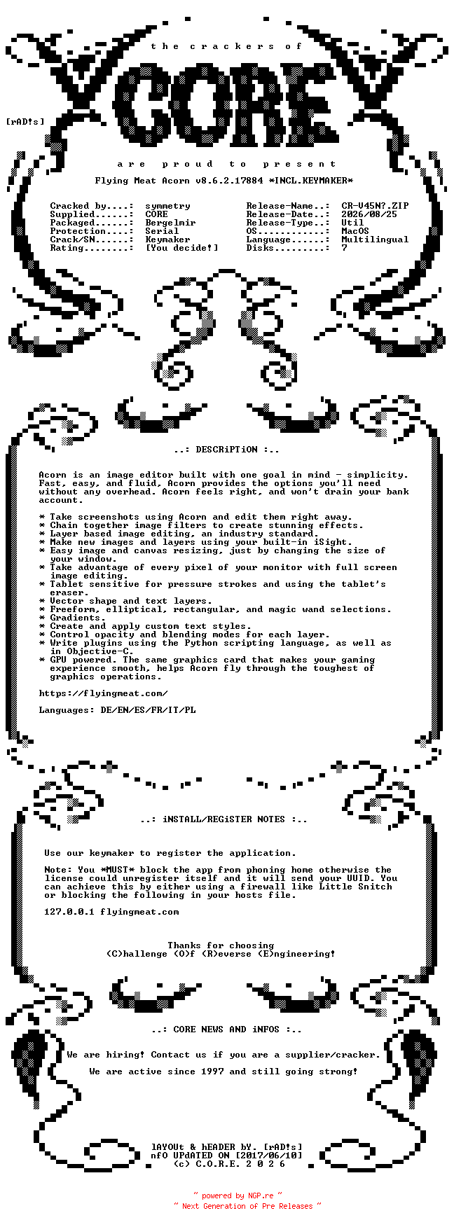 NFO for the release Flying.Meat.Acorn.v8.6.2.17884.MacOS.UB.Multilingual.Incl.Keymaker-CORE by CORE