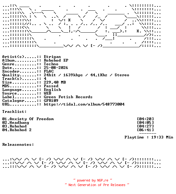 NFO for the release Etrigan-Robohod_EP-GFR109-24BIT-WEB-FLAC-2026-WAVED by WAVED