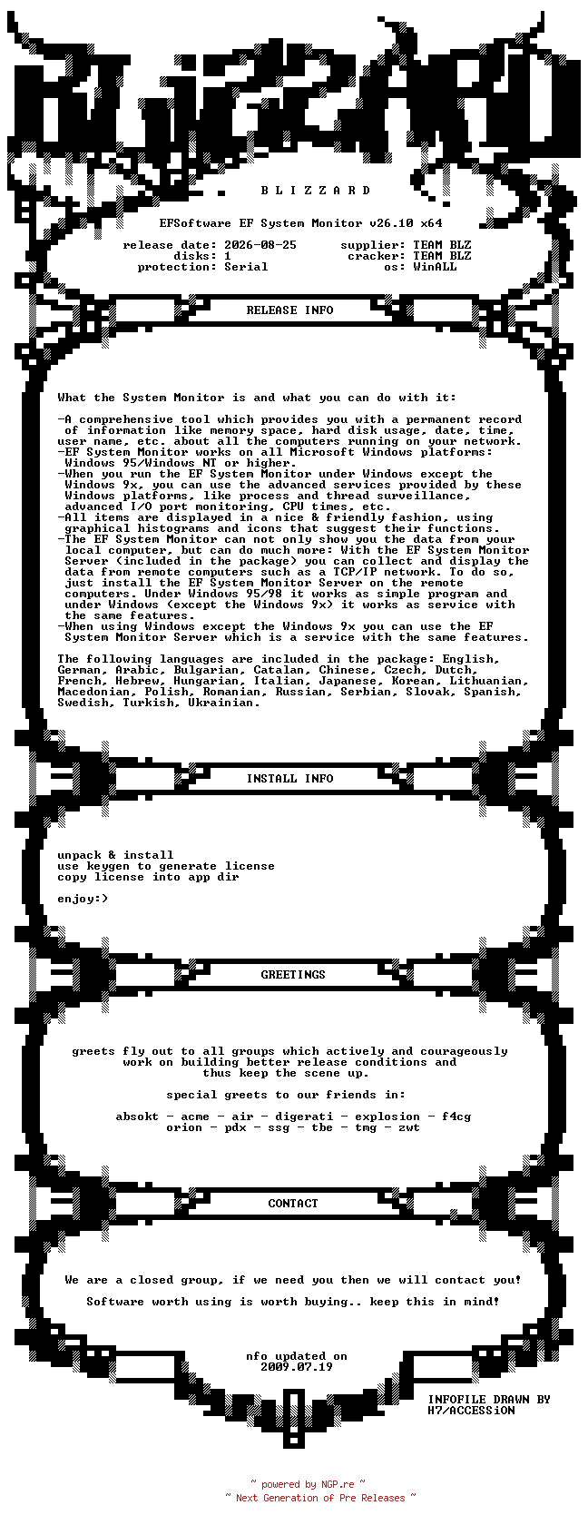 NFO for the release EFSoftware.EF.System.Monitor.v26.10.x64.MultiLanguage.WinALL.Incl.Keygen-BLiZZARD by BLiZZARD