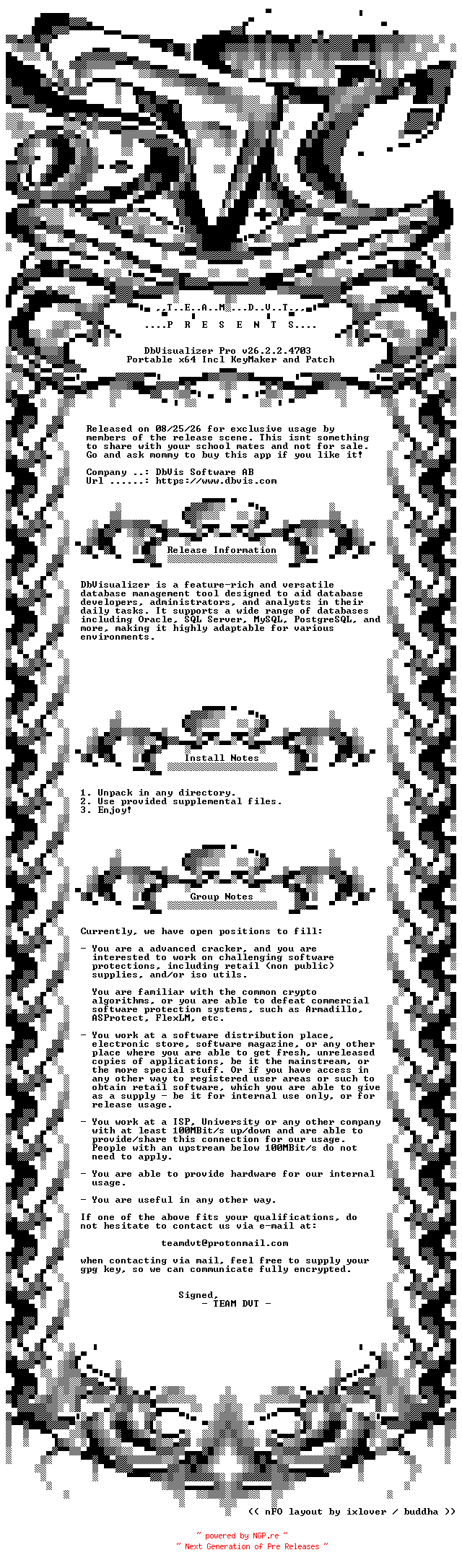 NFO for the release DbVisualizer.Pro.v26.2.2.4703.Portable.x64.Incl.KeyMaker.and.Patch-DVT by DVT