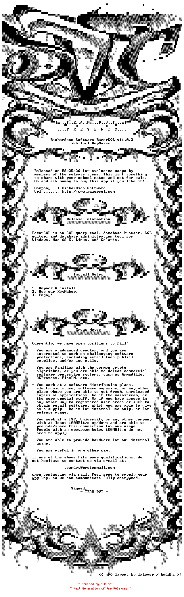 NFO for the release Richardson.Software.RazorSQL.v11.0.3.x86.Incl.KeyMaker-DVT by DVT