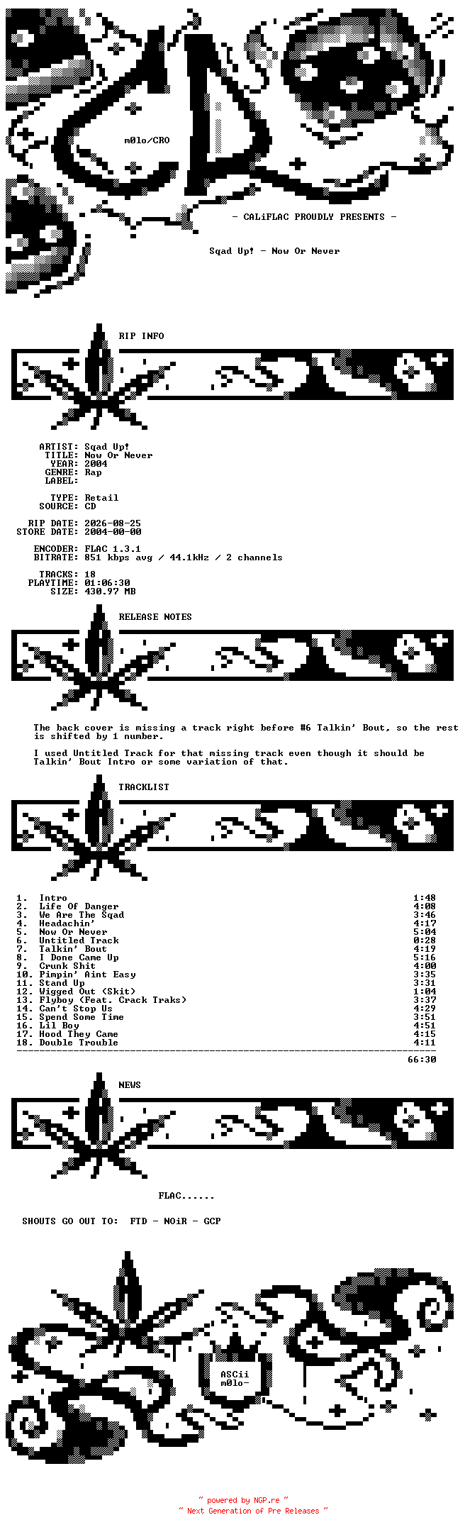 NFO for the release Sqad_Up-Now_Or_Never-CD-FLAC-2004-CALiFLAC by CALiFLAC