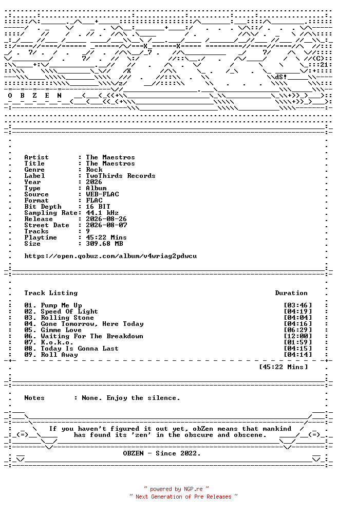 NFO for the release The_Maestros-The_Maestros-16BIT-WEB-FLAC-2026-OBZEN by OBZEN