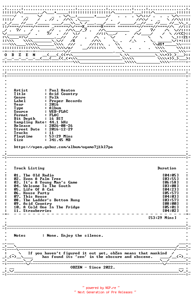 NFO for the release Paul_Heaton-Acid_Country-16BIT-WEB-FLAC-2016-OBZEN by OBZEN