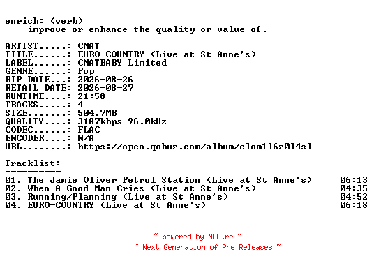 NFO for the release CMAT-EURO-COUNTRY_(Live_at_St_Annes)-EP-24BIT-WEB-FLAC-2026-ENRiCH by ENRiCH