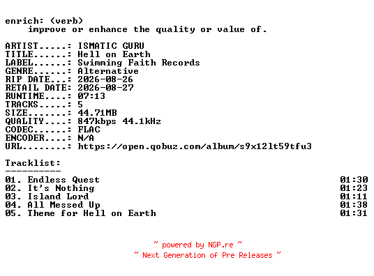 NFO for the release ISMATIC_GURU-Hell_on_Earth-EP-16BIT-WEB-FLAC-2026-ENRiCH by ENRiCH