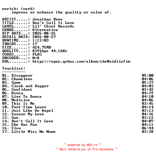 NFO for the release Jonathan_Bree-Dont_Call_It_Love-16BIT-WEB-FLAC-2026-ENRiCH by ENRiCH