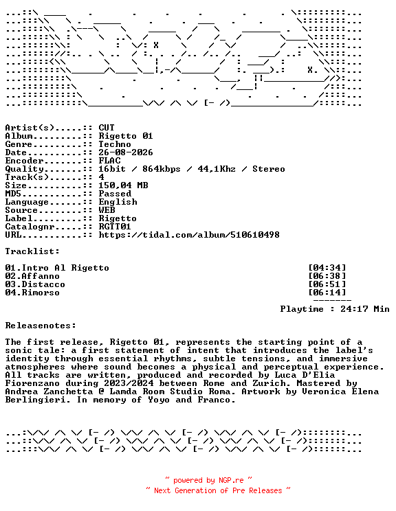 NFO for the release CUT-Rigetto_01-RGTT01-16BIT-WEB-FLAC-2026-WAVED by WAVED