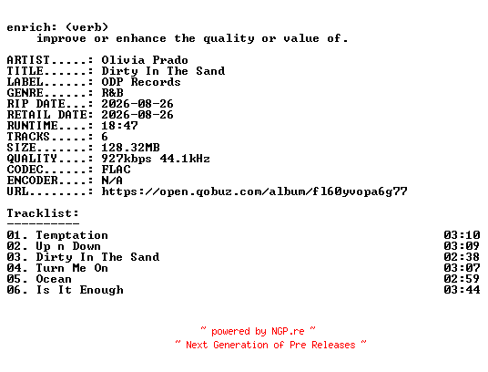 NFO for the release Olivia_Prado-Dirty_In_The_Sand-EP-16BIT-WEB-FLAC-2026-ENRiCH by ENRiCH