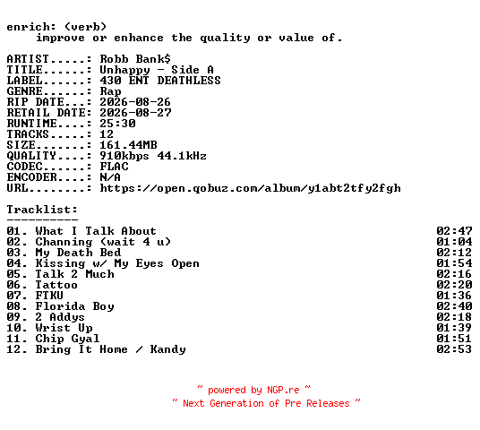NFO for the release Robb_Banks-Unhappy__Side_A-16BIT-WEB-FLAC-2026-ENRiCH by ENRiCH