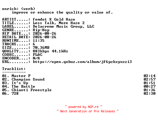 NFO for the release femdot_X_Gold_Haze-Less_Talk_More_Haze_2-EP-16BIT-WEB-FLAC-2026-ENRiCH by ENRiCH