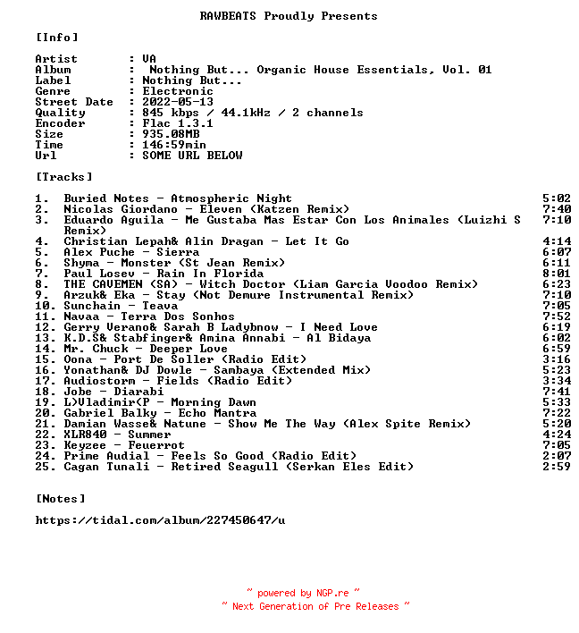 NFO for the release VA-Nothing_But..._Organic_House_Essentials_Vol._01-16BIT-WEB-FLAC-2022-RAWBEATS by RAWBEATS