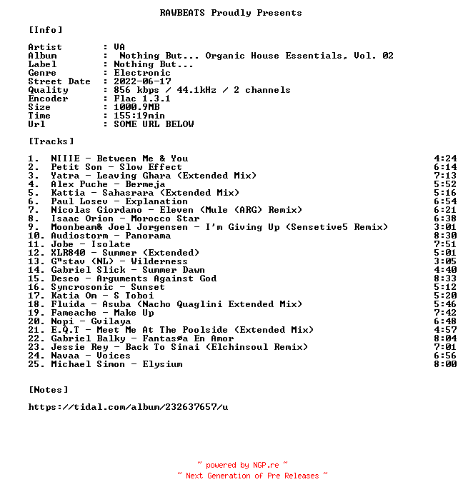NFO for the release VA-Nothing_But..._Organic_House_Essentials_Vol._02-16BIT-WEB-FLAC-2022-RAWBEATS by RAWBEATS
