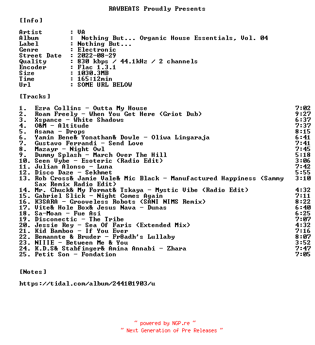 NFO for the release VA-Nothing_But..._Organic_House_Essentials_Vol._04-16BIT-WEB-FLAC-2022-RAWBEATS by RAWBEATS