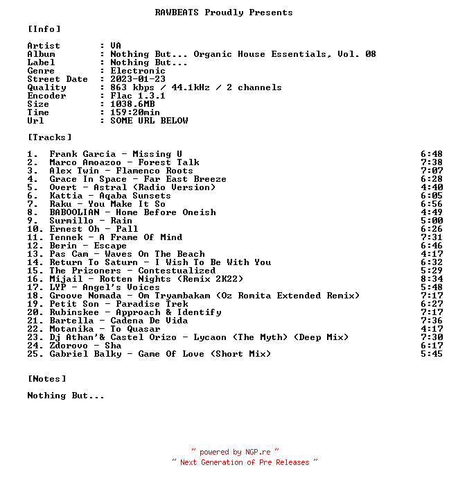 NFO for the release VA-Nothing_But..._Organic_House_Essentials_Vol._08-16BIT-WEB-FLAC-2023-RAWBEATS by RAWBEATS