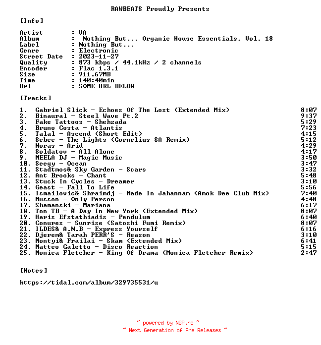 NFO for the release VA-Nothing_But..._Organic_House_Essentials_Vol._18-16BIT-WEB-FLAC-2023-RAWBEATS by RAWBEATS