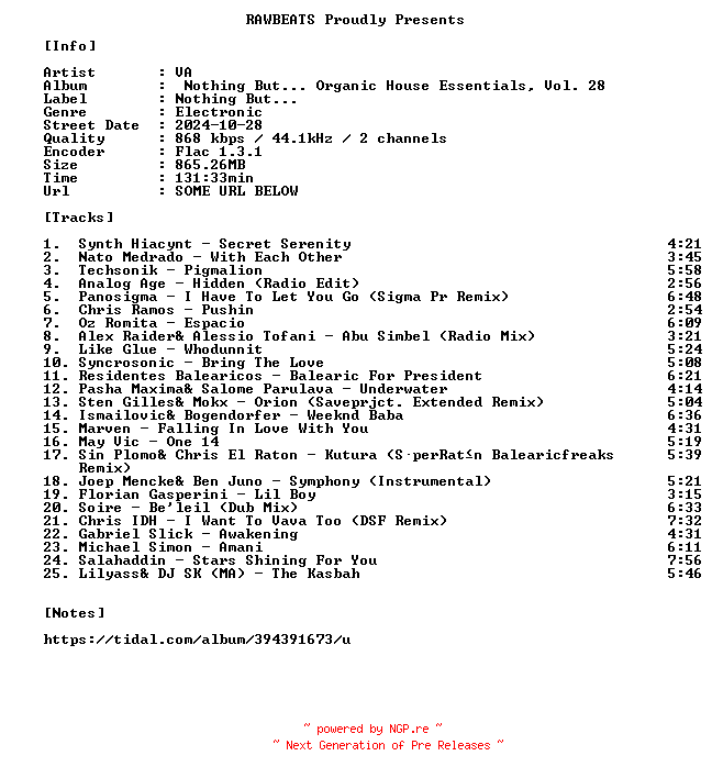 NFO for the release VA-Nothing_But..._Organic_House_Essentials_Vol._28-16BIT-WEB-FLAC-2024-RAWBEATS by RAWBEATS