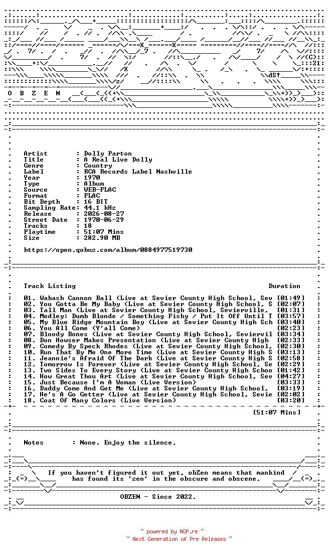 NFO for the release Dolly_Parton-A_Real_Live_Dolly-16BIT-WEB-FLAC-1970-OBZEN by OBZEN