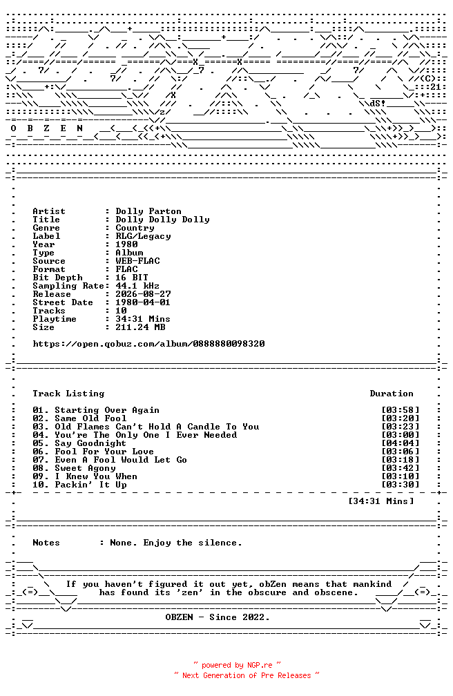 NFO for the release Dolly_Parton-Dolly_Dolly_Dolly-16BIT-WEB-FLAC-1980-OBZEN by OBZEN