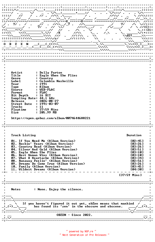 NFO for the release Dolly_Parton-Eagle_When_She_Flies-16BIT-WEB-FLAC-1991-OBZEN by OBZEN