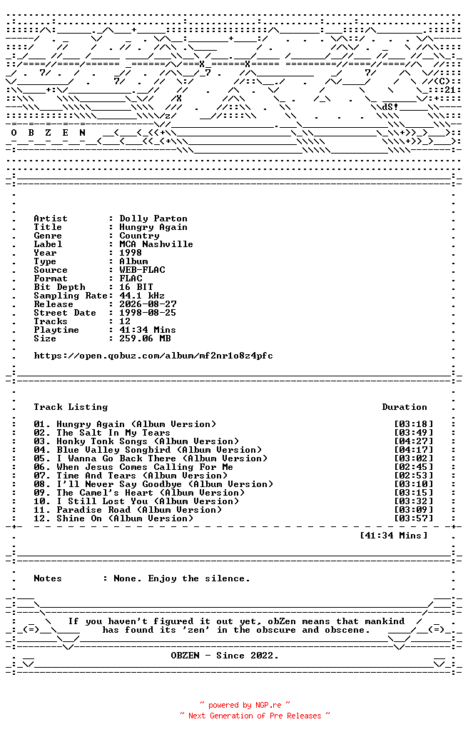 NFO for the release Dolly_Parton-Hungry_Again-16BIT-WEB-FLAC-1998-OBZEN by OBZEN