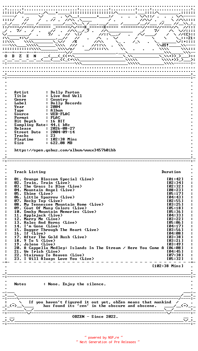 NFO for the release Dolly_Parton-Live_And_Well-16BIT-WEB-FLAC-2004-OBZEN by OBZEN