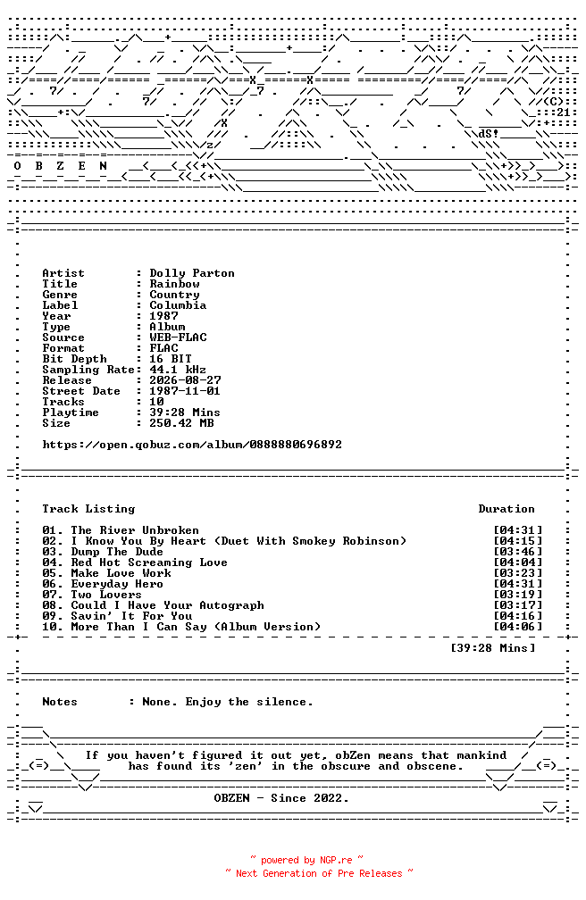 NFO for the release Dolly_Parton-Rainbow-16BIT-WEB-FLAC-1987-OBZEN by OBZEN