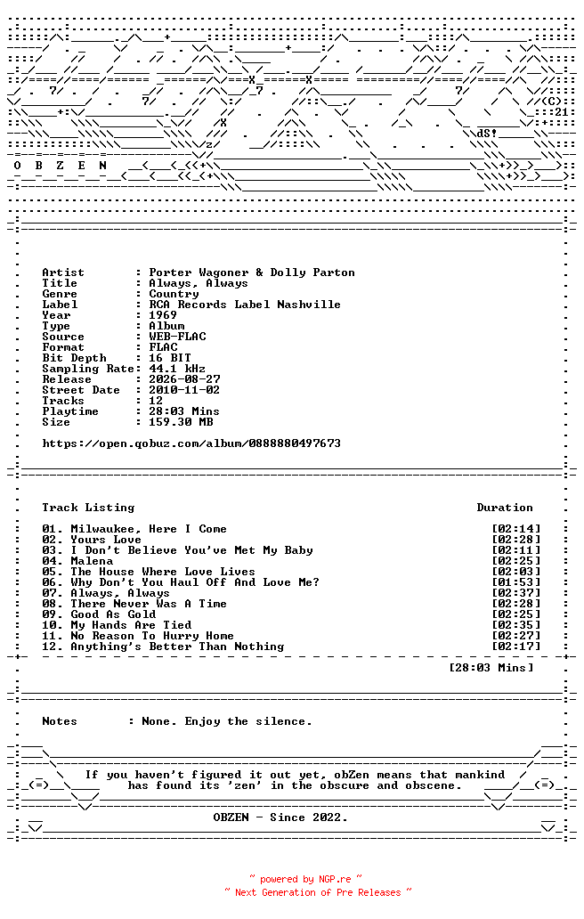 NFO for the release Porter_Wagoner_and_Dolly_Parton-Always_Always-16BIT-WEB-FLAC-1969-OBZEN by OBZEN