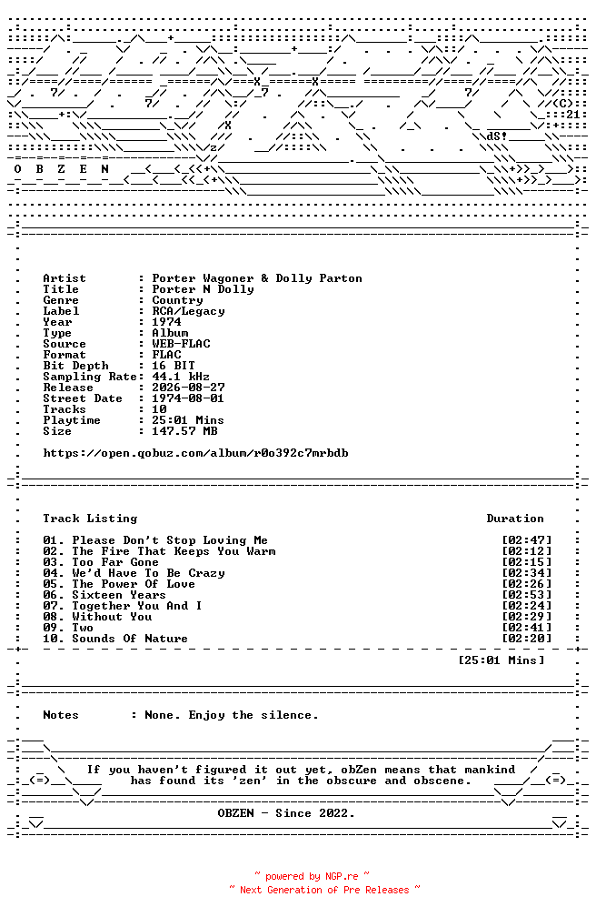NFO for the release Porter_Wagoner_and_Dolly_Parton-Porter_N_Dolly-16BIT-WEB-FLAC-1974-OBZEN by OBZEN