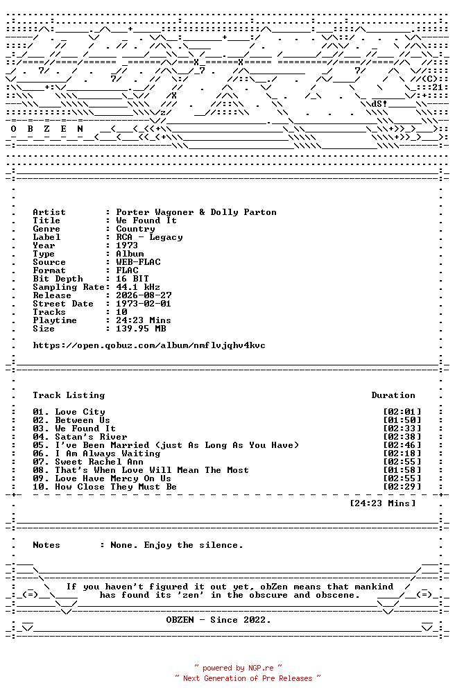 NFO for the release Porter_Wagoner_and_Dolly_Parton-We_Found_It-16BIT-WEB-FLAC-1973-OBZEN by OBZEN