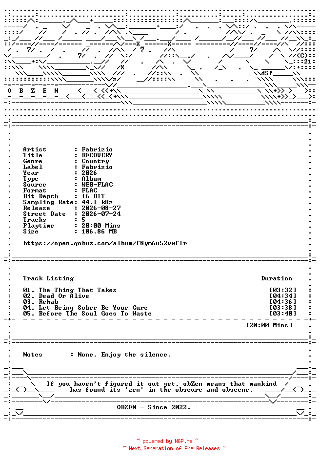 NFO for the release Fabrizio-RECOVERY-EP-16BIT-WEB-FLAC-2026-OBZEN by OBZEN