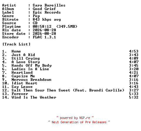 NFO for the release Sara_Bareilles-Good_Grief-CD-FLAC-2026-PERFECT by PERFECT