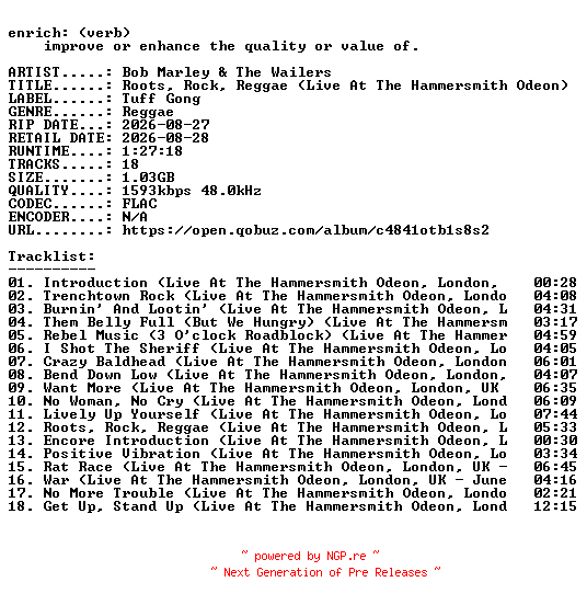 NFO for the release Bob_Marley_and_The_Wailers-Roots_Rock_Reggae_(Live_At_The_Hammersmith_Odeon)-24BIT-WEB-FLAC-2026-ENRiCH by ENRiCH