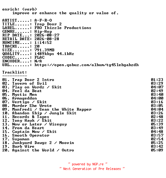 NFO for the release A-F-R-O-Trap_Door_2-24BIT-WEB-FLAC-2026-ENRiCH by ENRiCH
